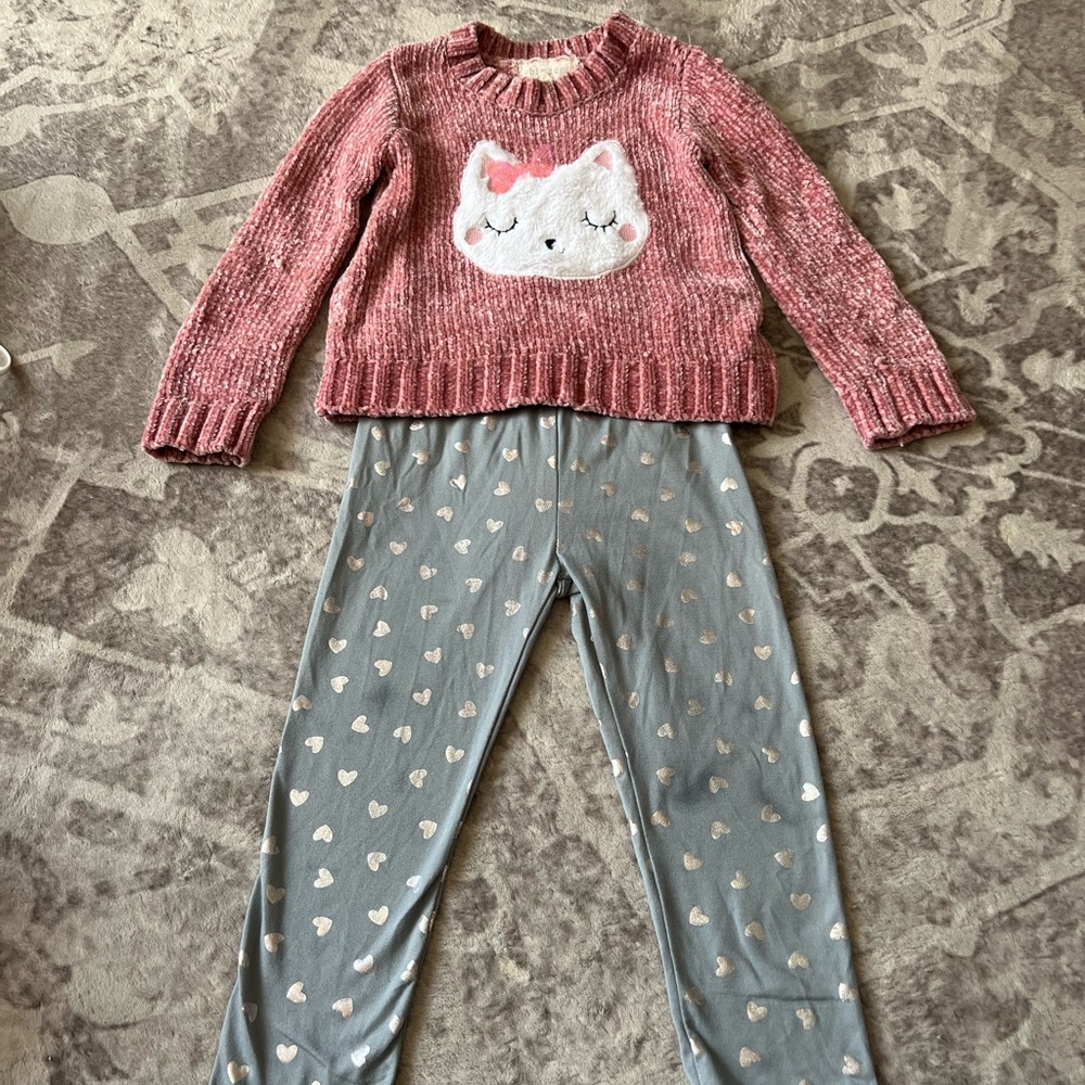Pink Cat Sweater and Heart Leggings Set